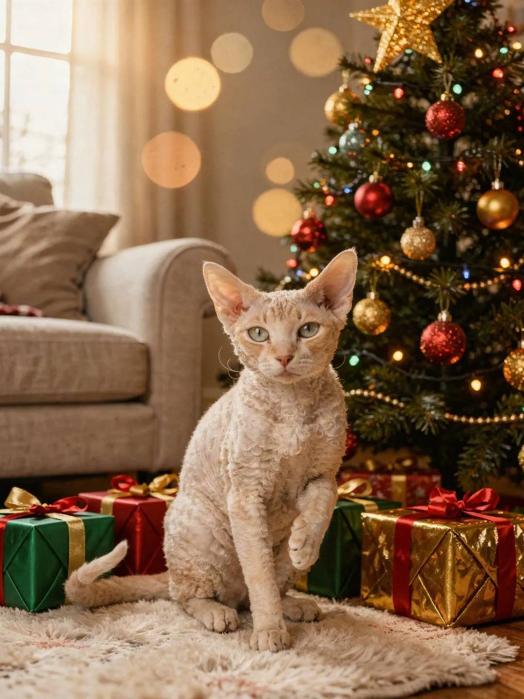 Devon Rex cat sitting beside a decorated Christmas tree with wrapped presents