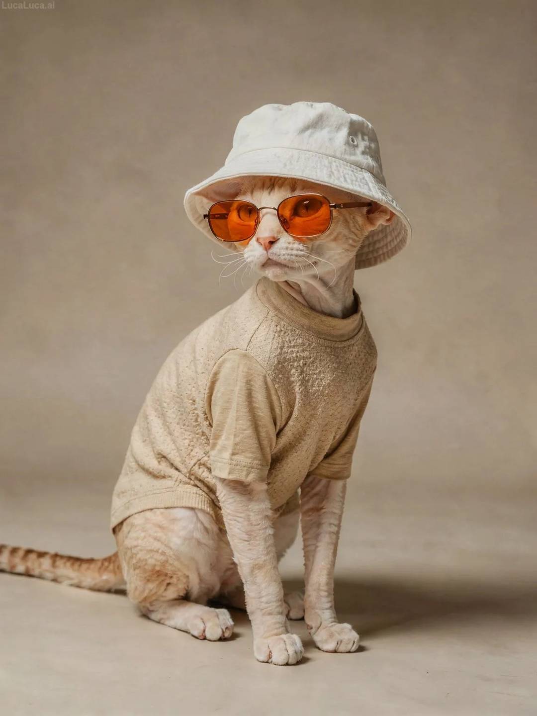 Devon Rex cat wearing a beige shirt, sunglasses, and bucket hat in studio lighting