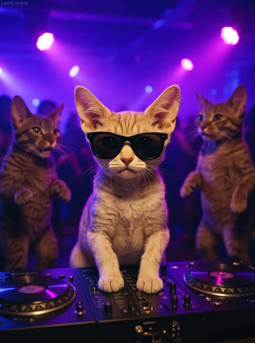 Devon Rex cat wearing sunglasses with paws on turntables at a nightclub