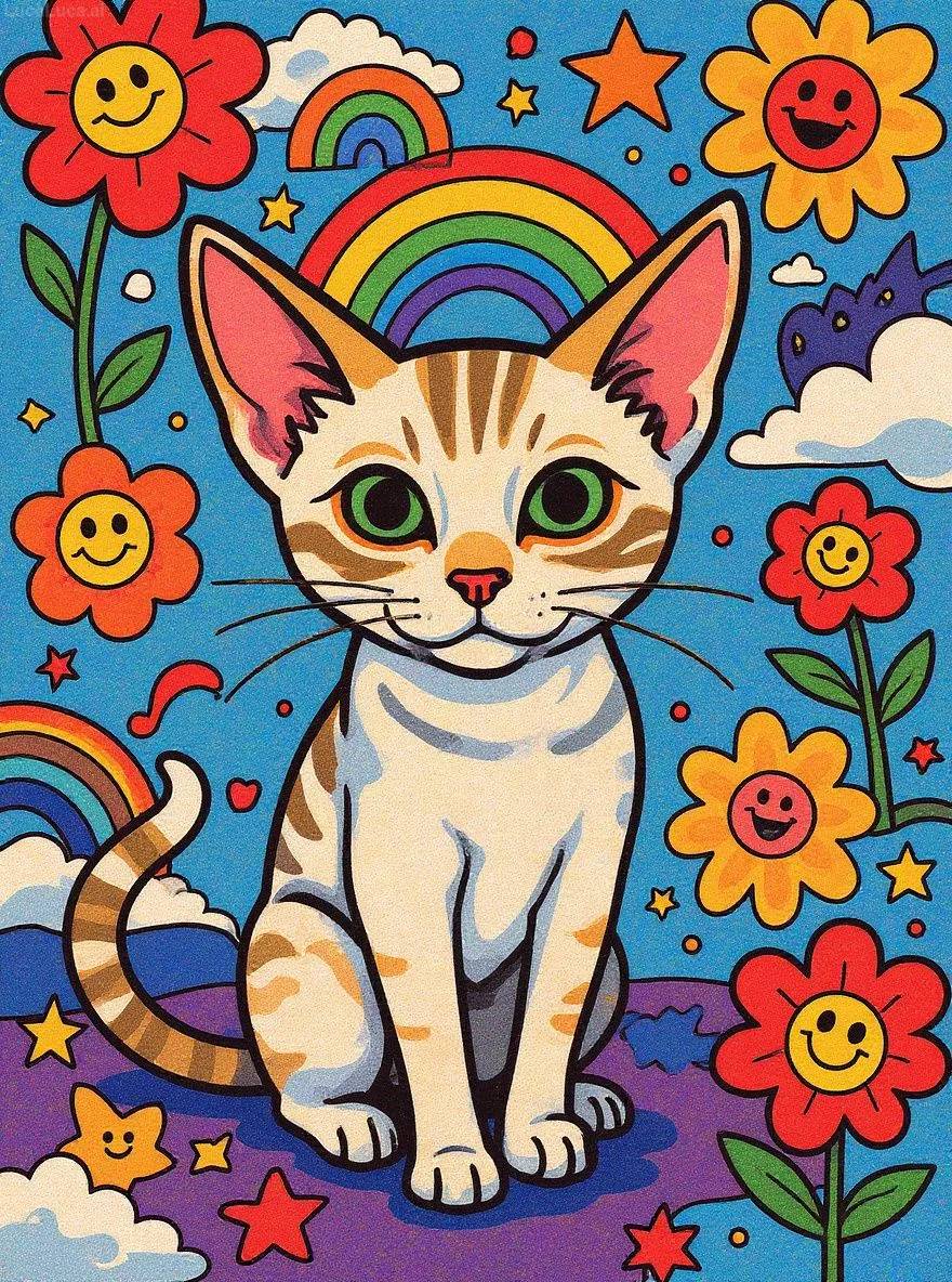 Devon Rex cat in Japanese pop art style with smiling flowers and bright colors