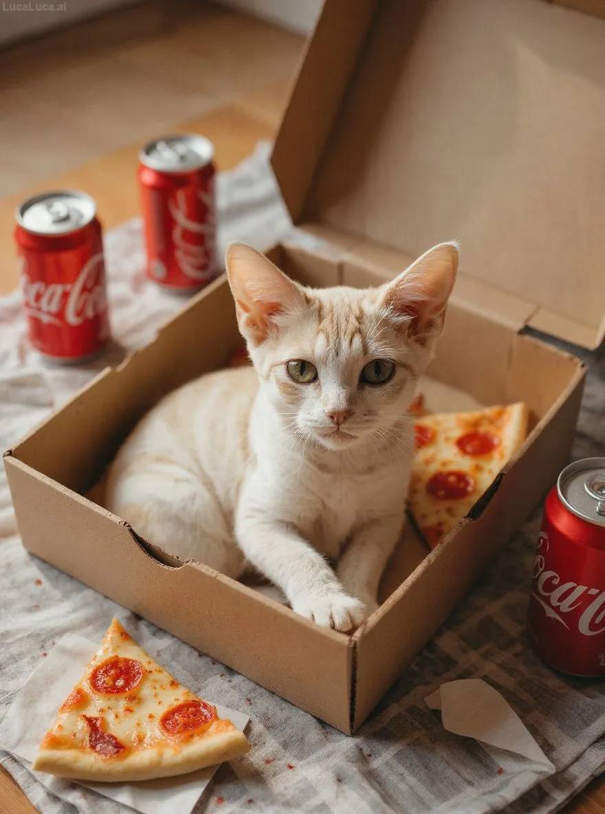 Devon Rex cat curled up in an empty pizza box surrounded by soda cans