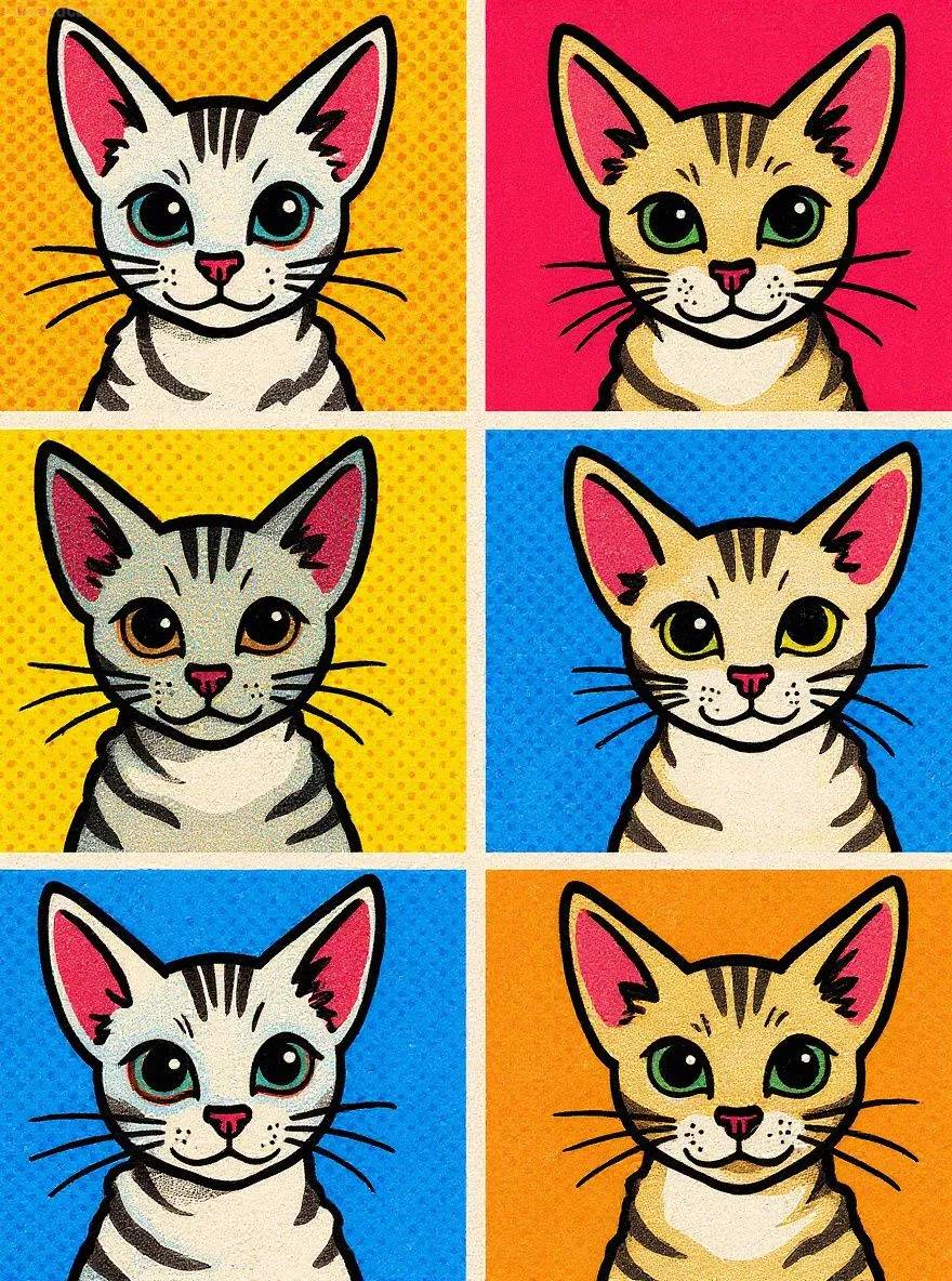 Devon Rex cat portrait in pop art style repeated in a colorful grid