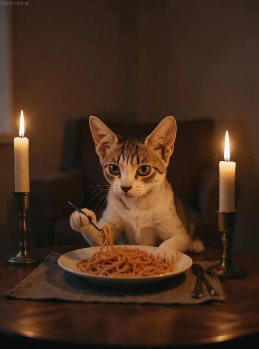 Devon Rex cat eating spaghetti alone at a candlelit table