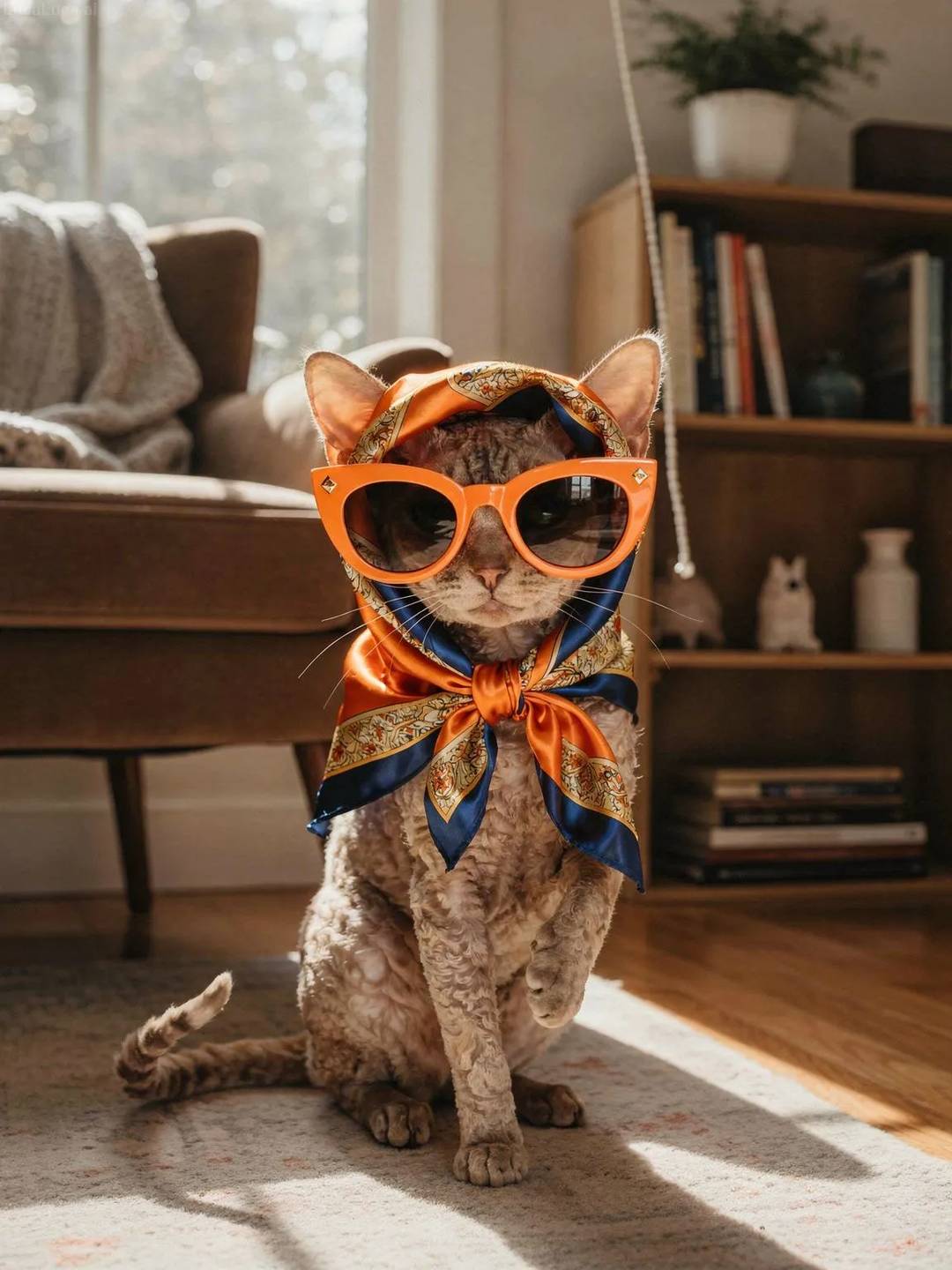 Devon Rex cat wearing orange sunglasses and a silky patterned headscarf