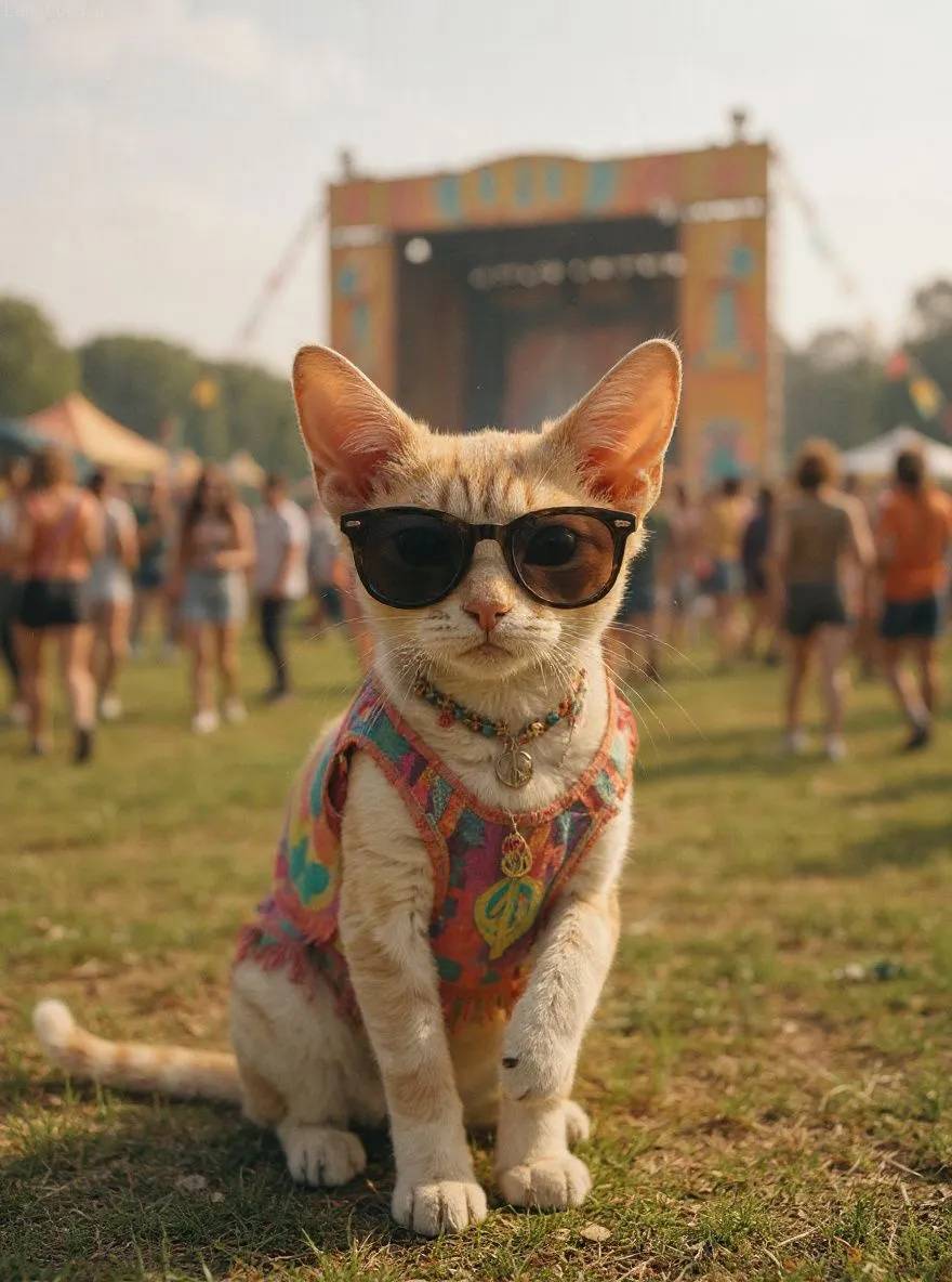 Devon Rex cat in hippie style with tie-dye and flower crown at a music festival