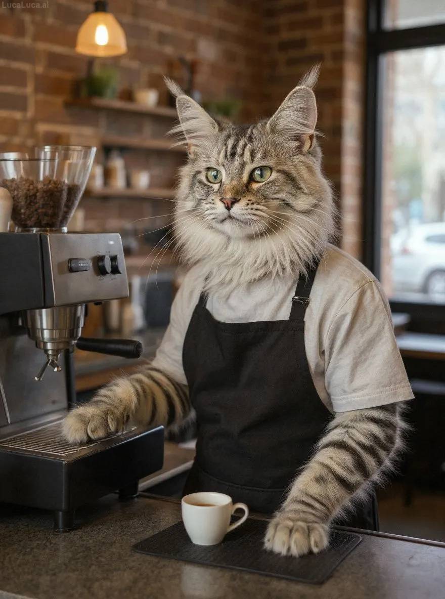Maine Coon cat wearing an apron operating an espresso machine in a coffee shop
