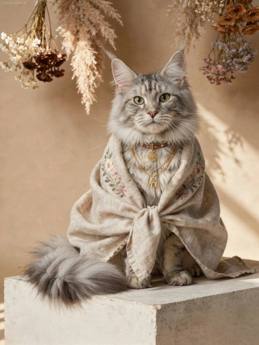Maine Coon cat wearing a linen shawl with gold jewelry in a bohemian setting