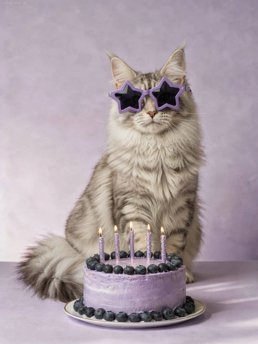 Maine Coon cat wearing purple star sunglasses with a lavender cake