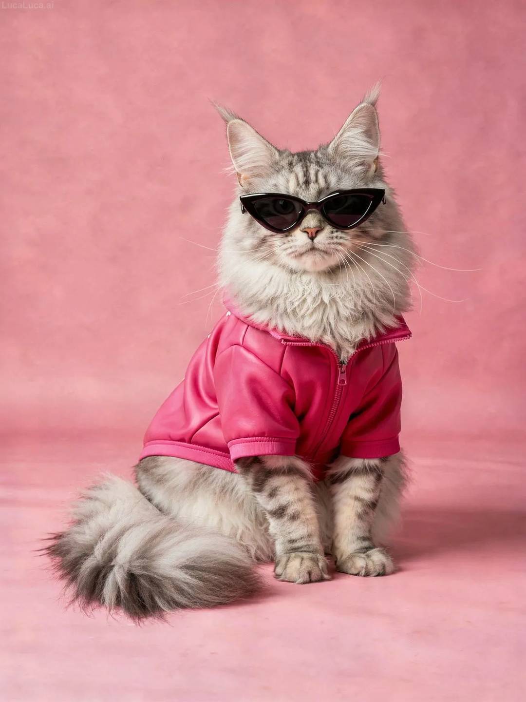 Maine Coon cat wearing a pink jacket and cat-eye sunglasses on a pink background