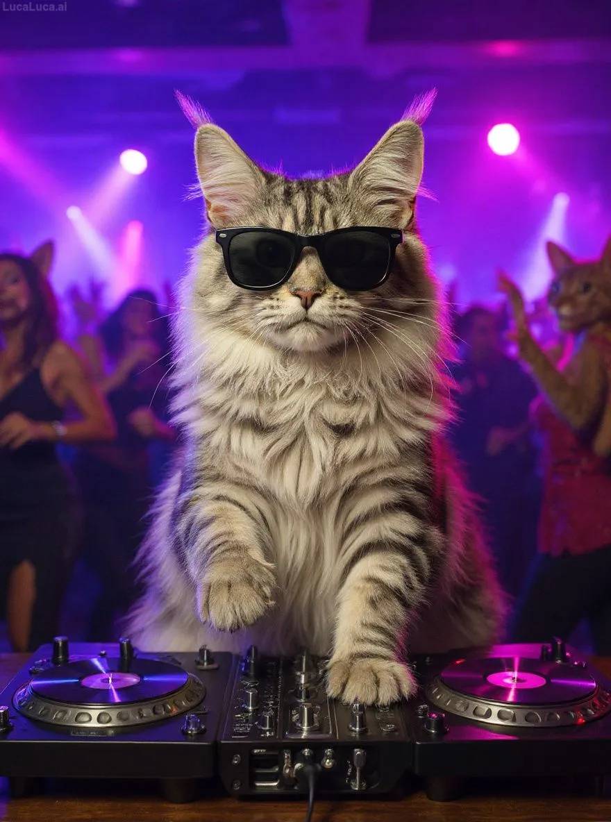 Maine Coon cat wearing sunglasses with paws on turntables at a nightclub
