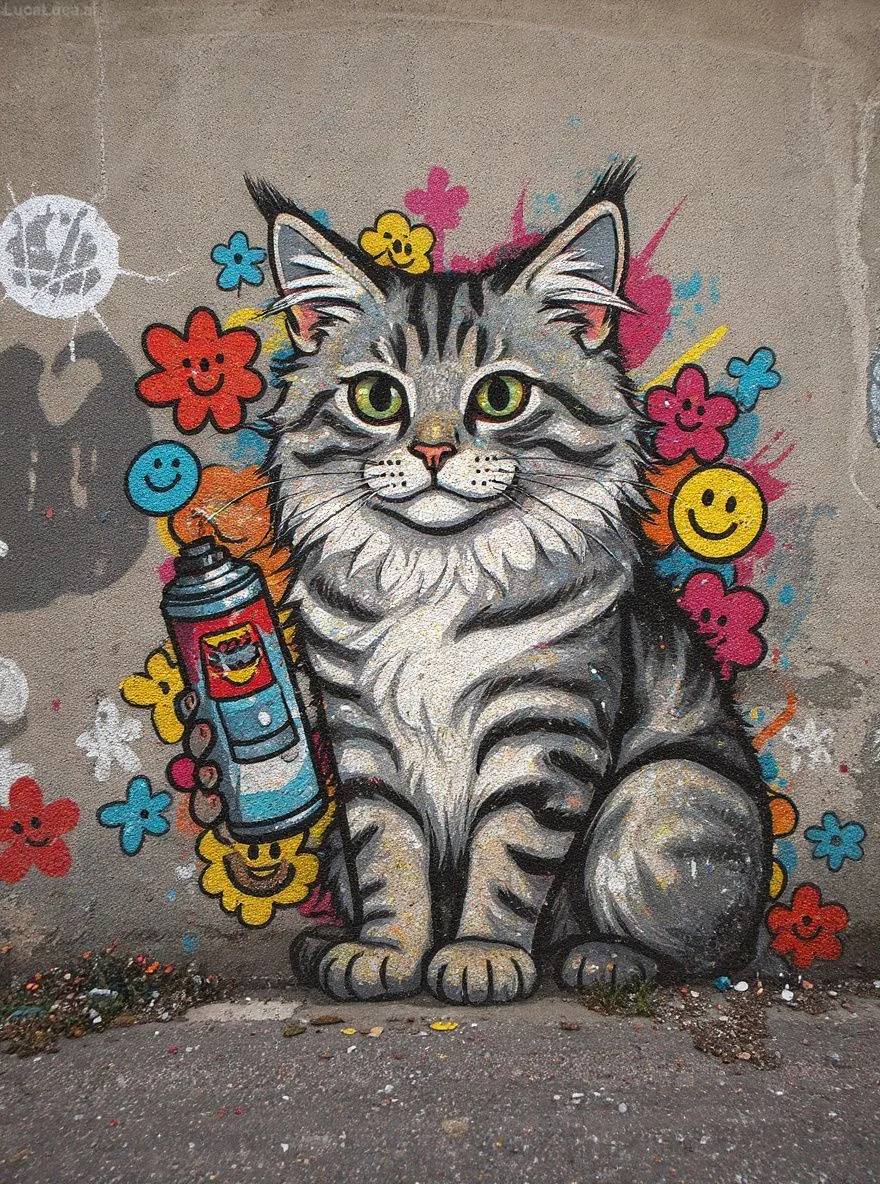 Maine Coon cat as street art combining graffiti style with pop art flowers