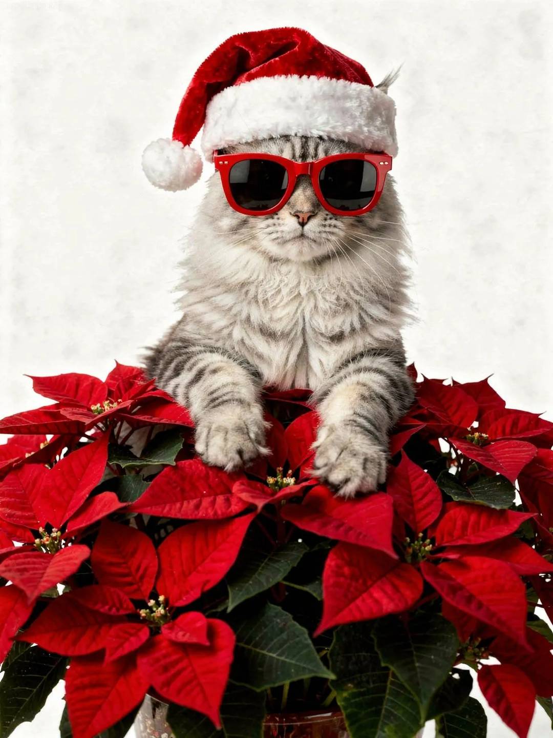 Maine Coon cat wearing red sunglasses and Santa hat holding red poinsettias