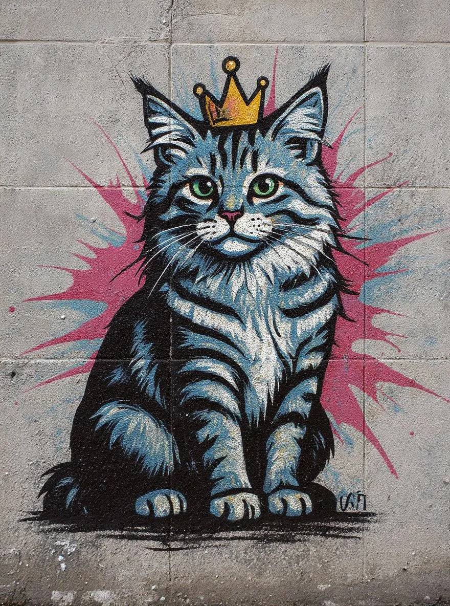 Maine Coon cat as stencil graffiti street art on a concrete wall