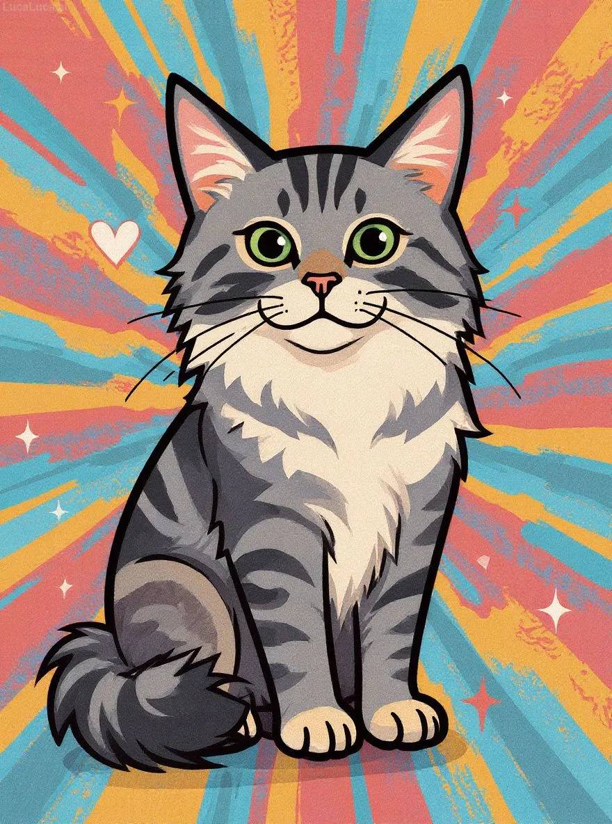 Maine Coon cat in cartoon style with bold outlines and energetic shapes