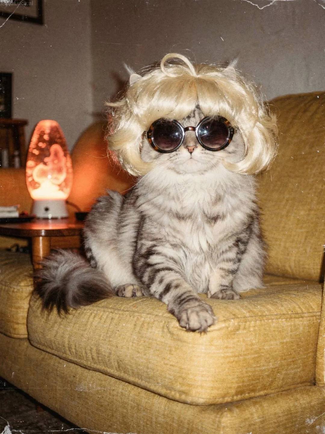 Maine Coon cat wearing a blonde wig and round sunglasses on a yellow sofa