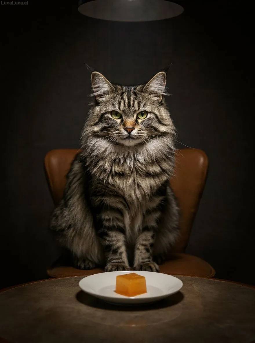 Norwegian Forest Cat cat on a kitchen chair staring at a jelly cube under dramatic lighting