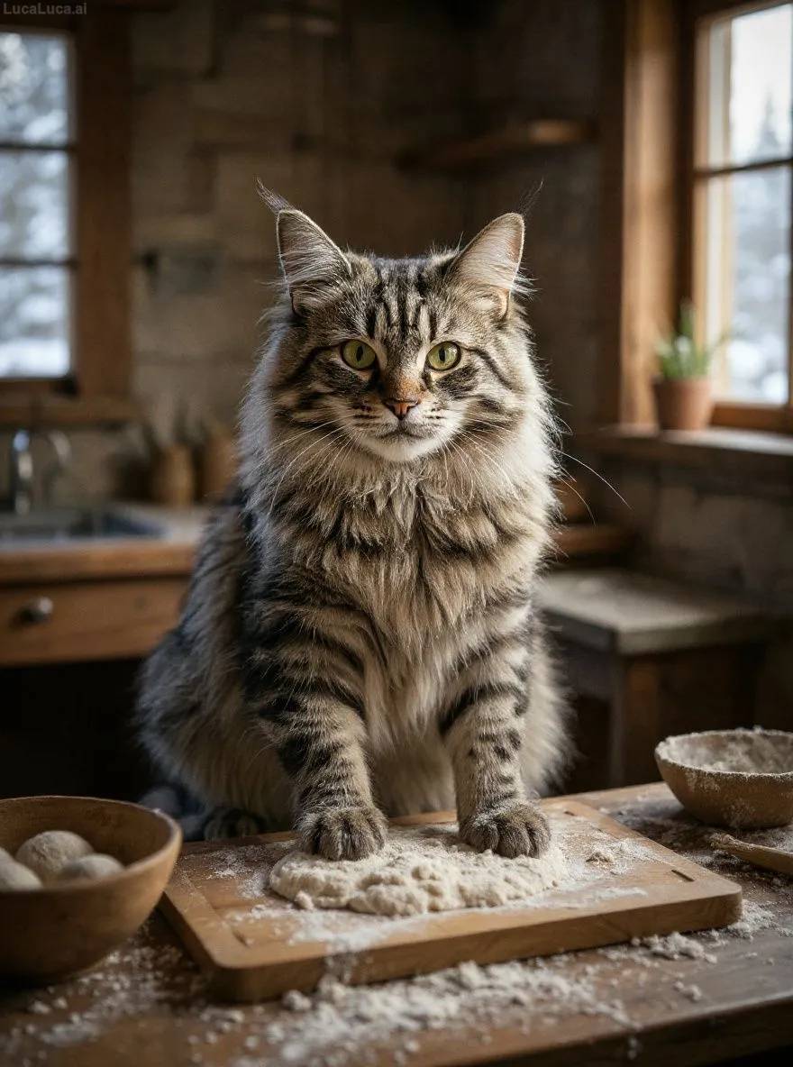 Norwegian Forest Cat cat kneading dough in a rustic cottage kitchen