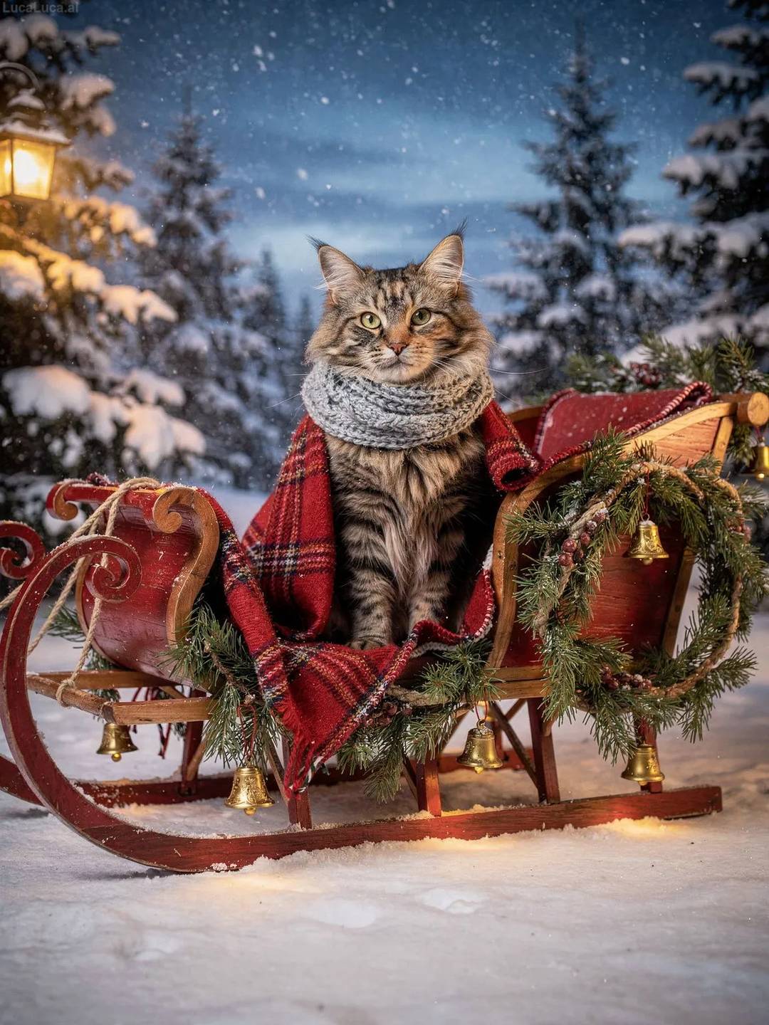 Norwegian Forest Cat cat in a red wooden sleigh wrapped in a plaid blanket with snow falling
