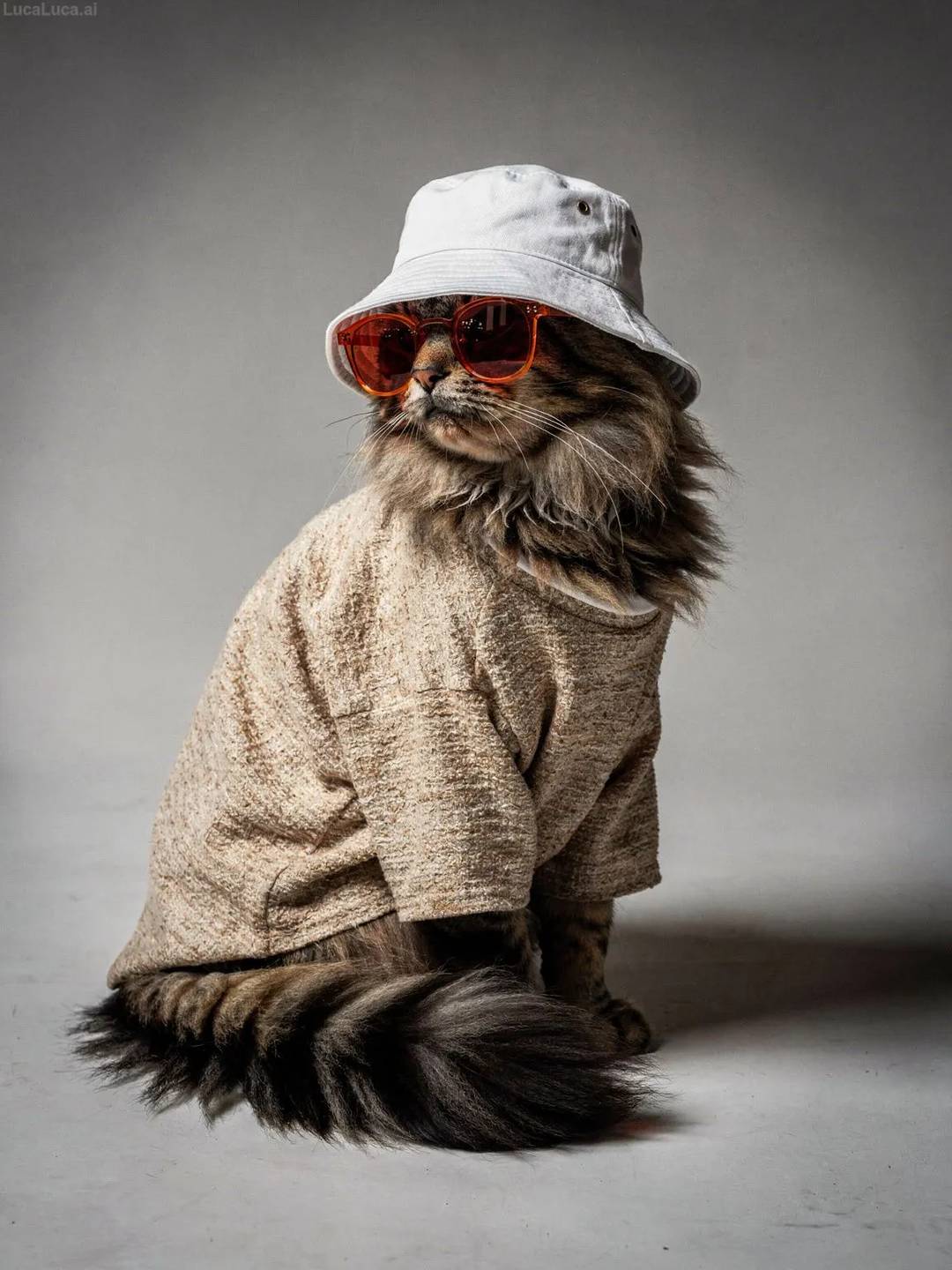Norwegian Forest Cat cat wearing a beige shirt, sunglasses, and bucket hat in studio lighting