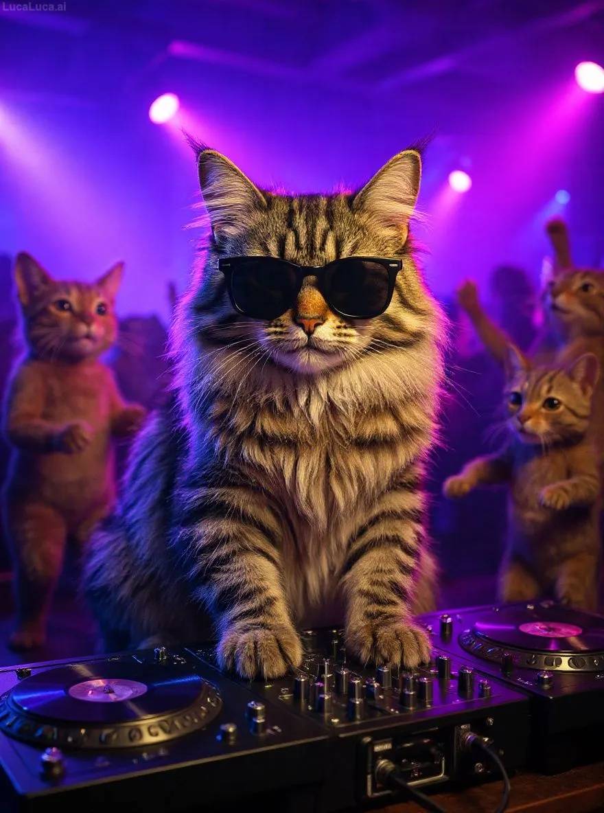 Norwegian Forest Cat cat wearing sunglasses with paws on turntables at a nightclub