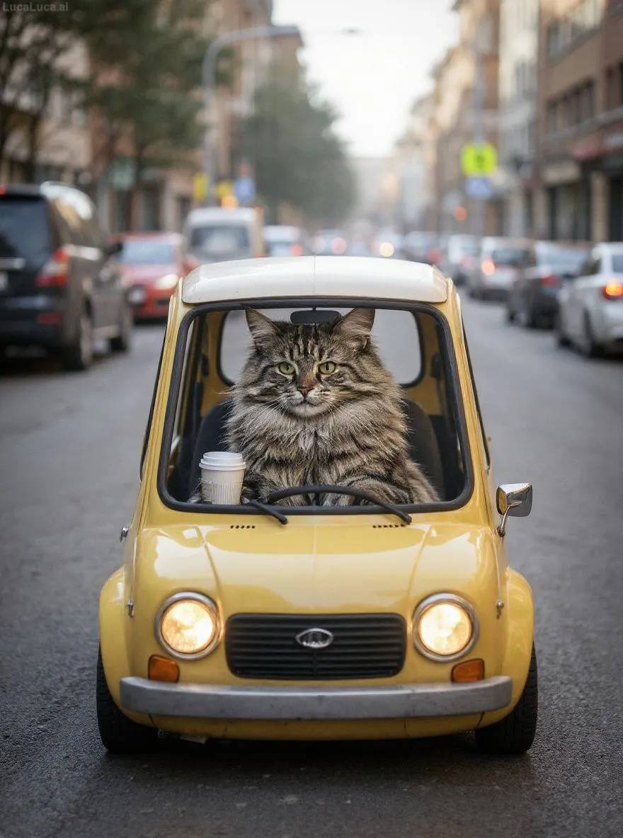 Norwegian Forest Cat cat behind the wheel of a car holding a coffee cup
