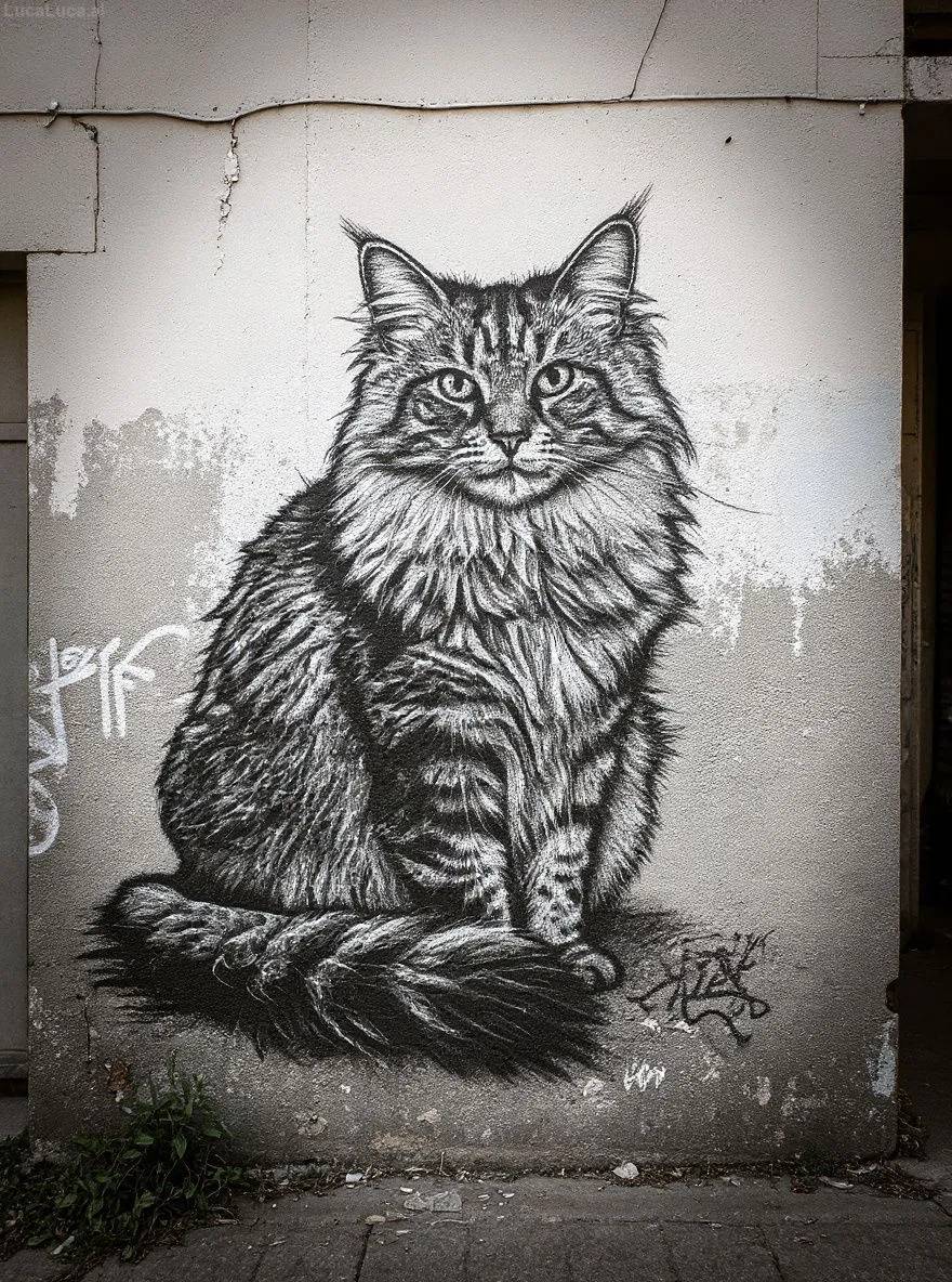 Norwegian Forest Cat cat as a monochrome street art mural on a weathered urban wall