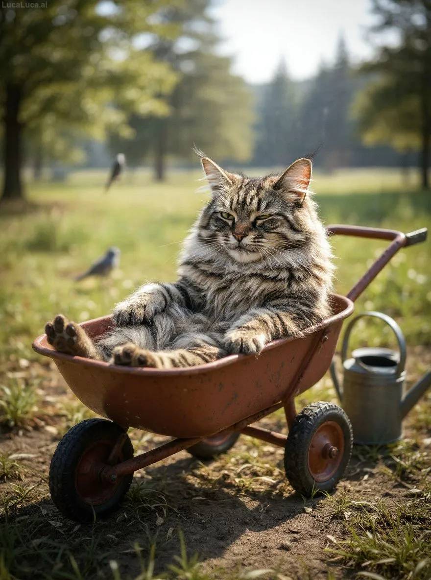 Norwegian Forest Cat cat dozing in a wheelbarrow with a watering can nearby