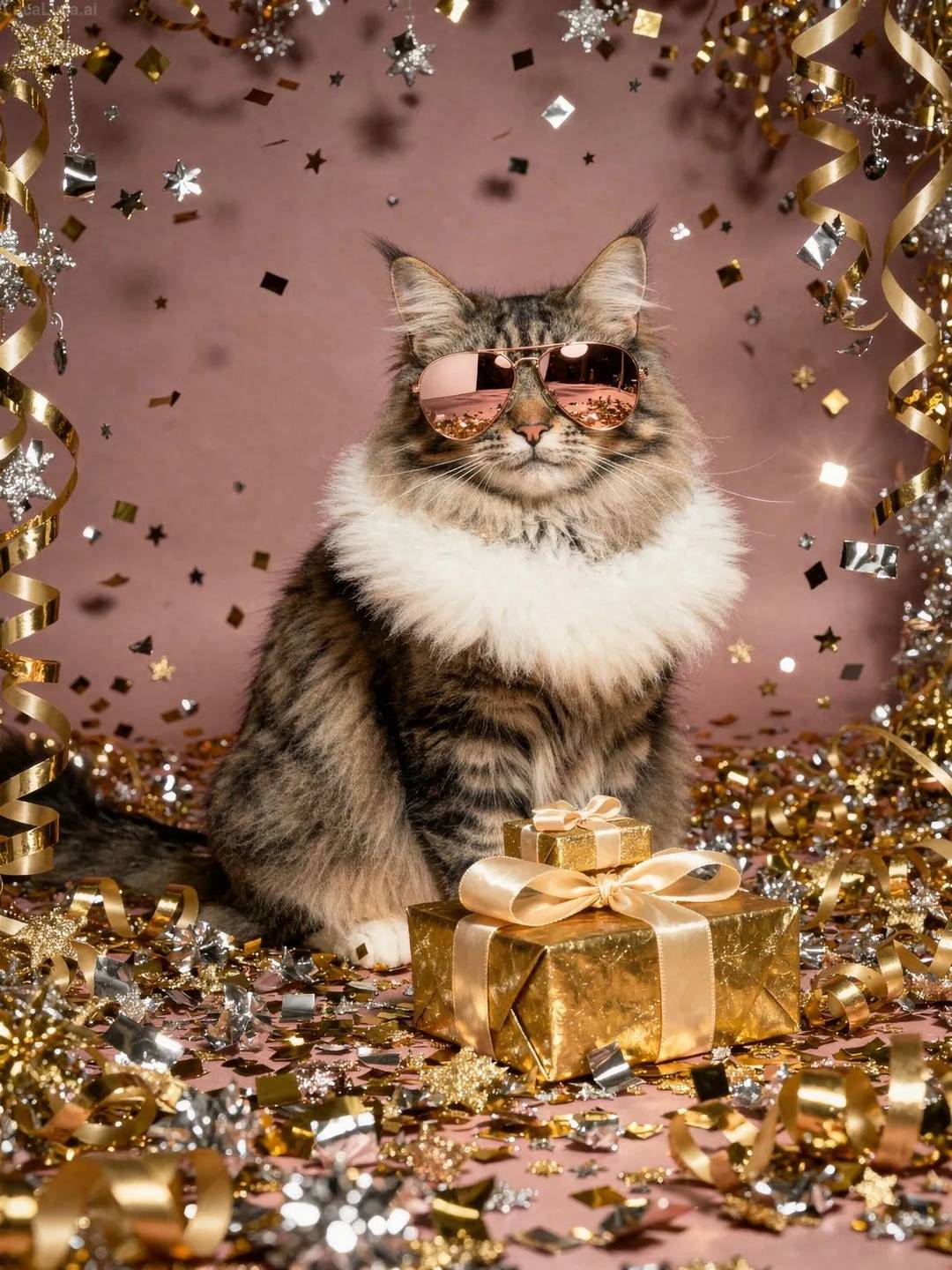 Norwegian Forest Cat cat wearing rose gold sunglasses with gold confetti and gift boxes