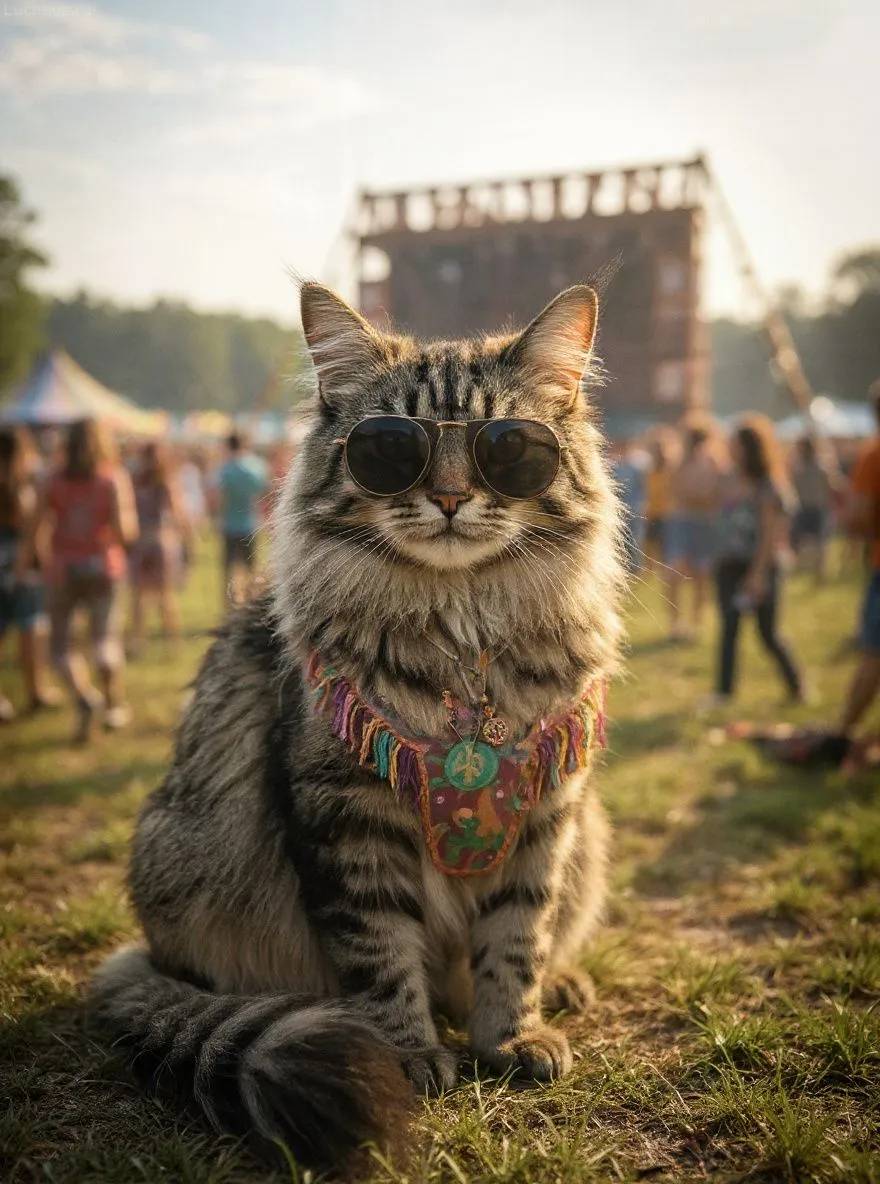 Norwegian Forest Cat cat in hippie style with tie-dye and flower crown at a music festival