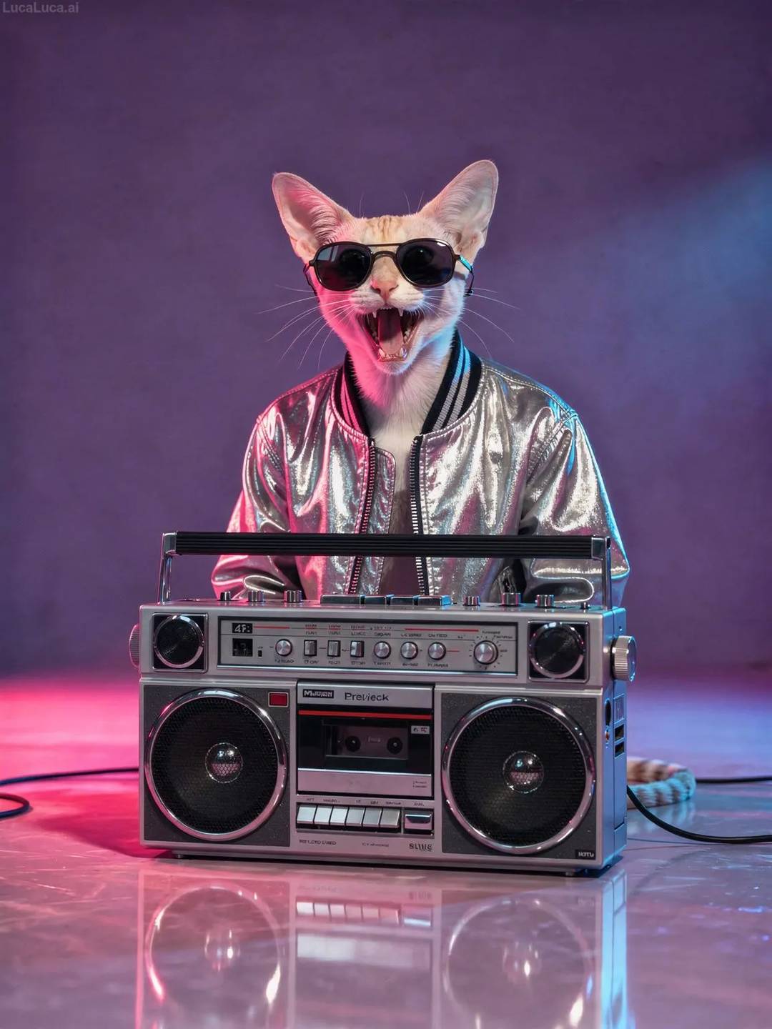 Oriental Shorthair cat in a metallic silver bomber jacket next to a boombox with neon lighting