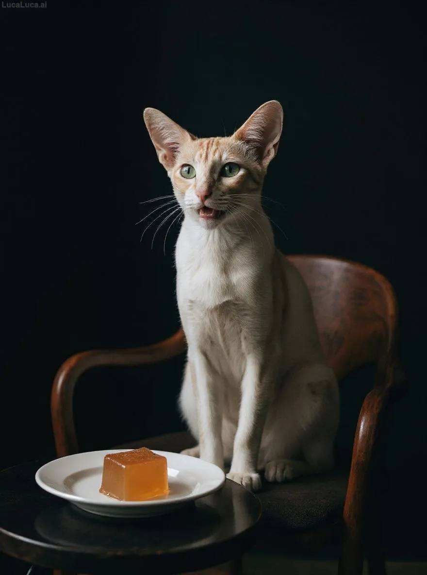Oriental Shorthair cat on a kitchen chair staring at a jelly cube under dramatic lighting