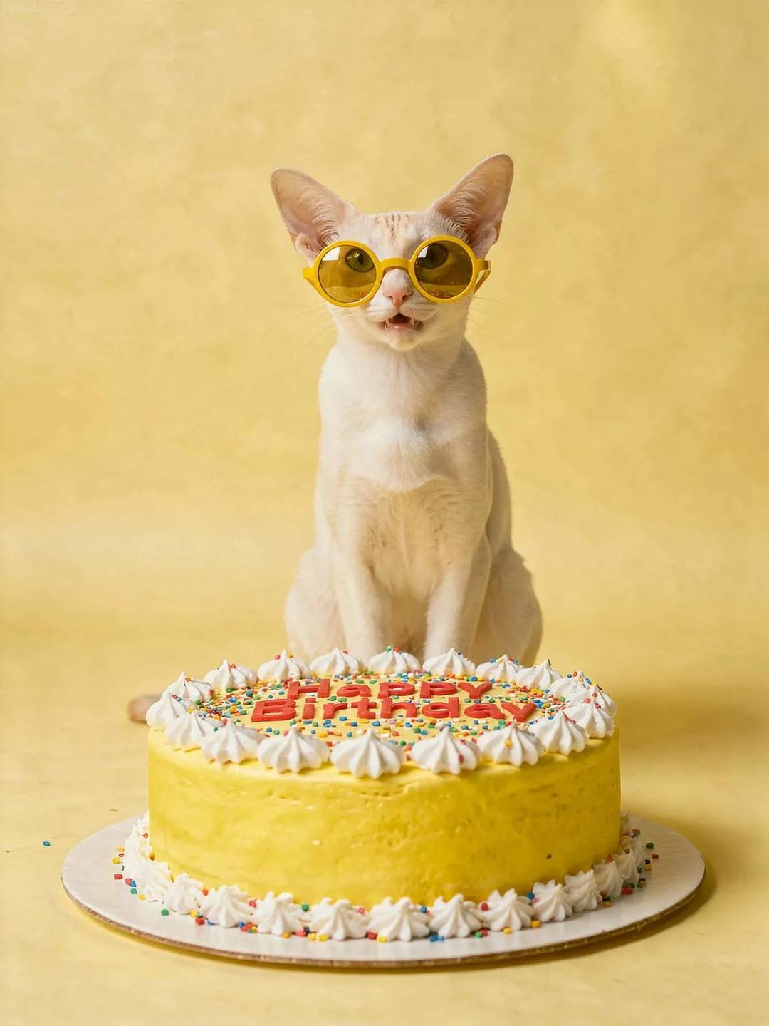 Oriental Shorthair cat wearing yellow sunglasses with a lemon-yellow cake and confetti