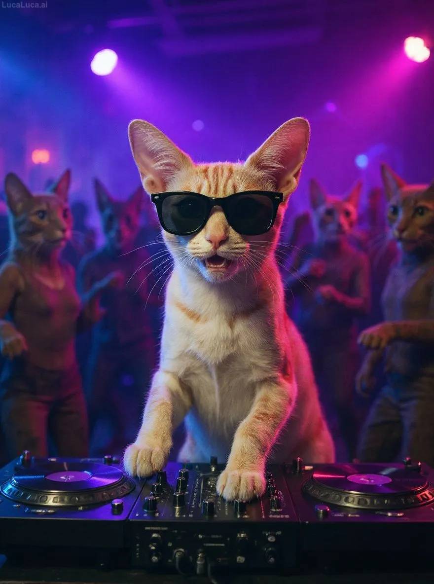 Oriental Shorthair cat wearing sunglasses with paws on turntables at a nightclub