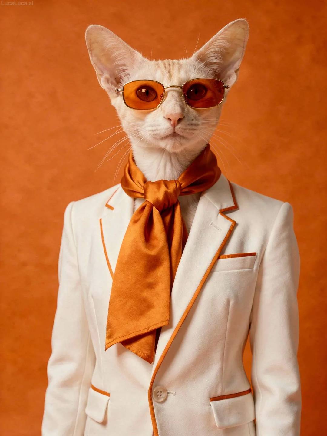 Oriental Shorthair cat wearing orange sunglasses and white suit on an orange background