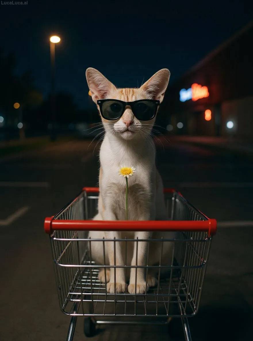 Oriental Shorthair cat wearing sunglasses riding in a shopping cart at night