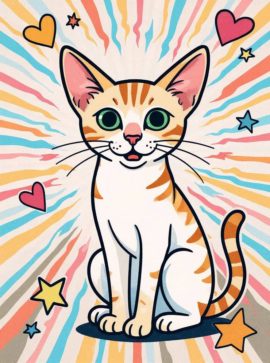 Oriental Shorthair cat in cartoon style with bold outlines and energetic shapes