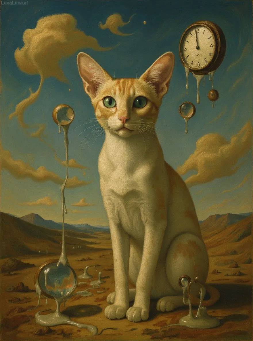 Oriental Shorthair cat in surrealist style with melting clocks in a desert landscape