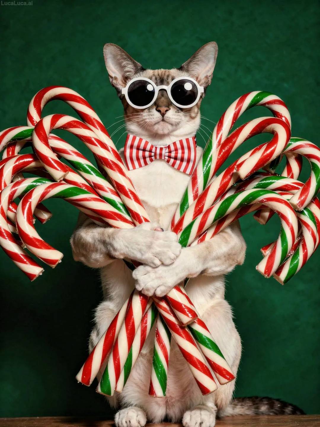 Oriental Shorthair cat wearing white sunglasses and striped bow tie holding candy canes