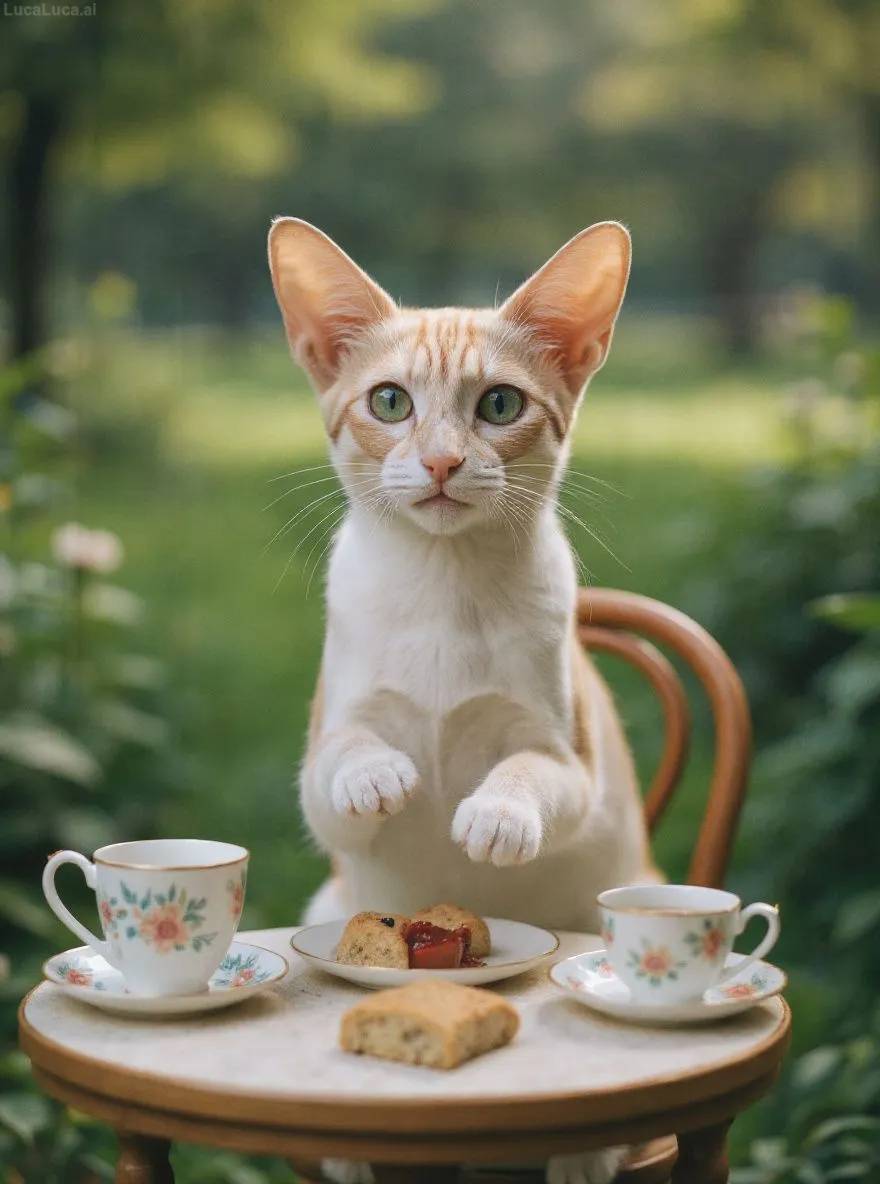 Oriental Shorthair cat at a miniature garden table with floral china and scones