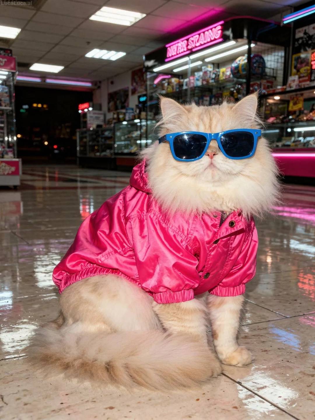 Persian cat wearing a neon pink windbreaker and blue sunglasses at night
