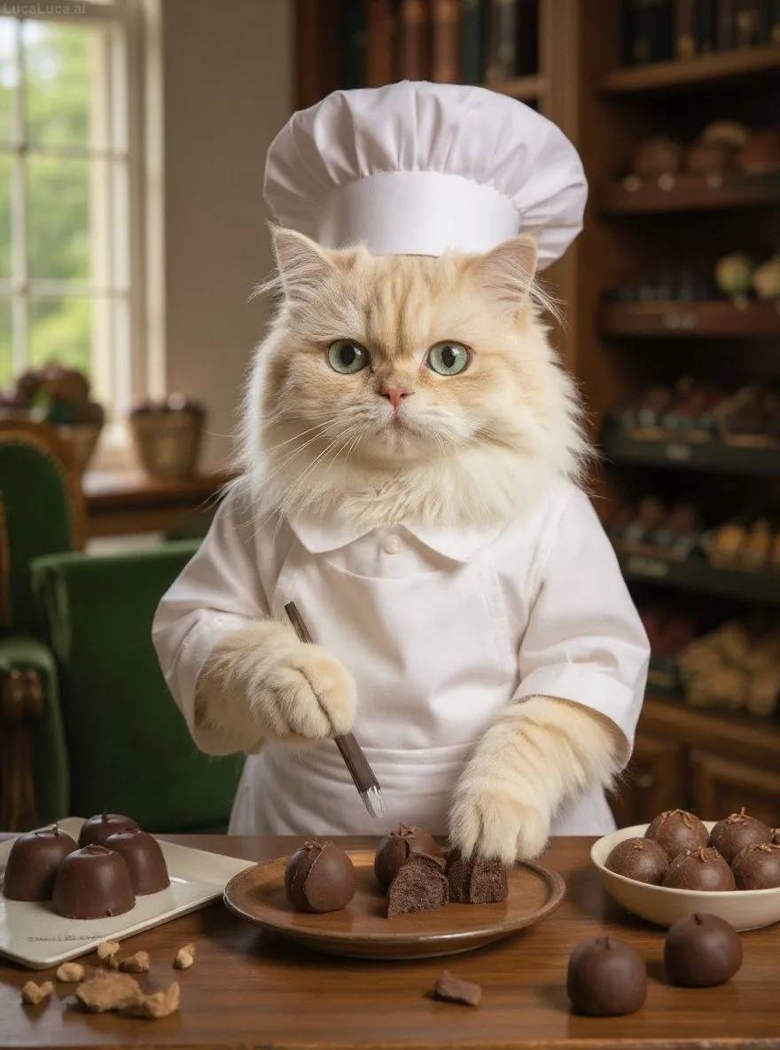 Persian cat in a white apron decorating chocolate truffles in a chocolate shop