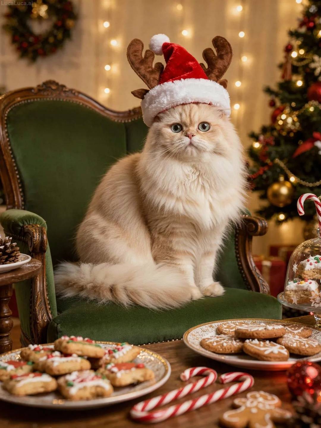 Persian cat surrounded by cookies, candy canes, and gingerbread with holiday decorations