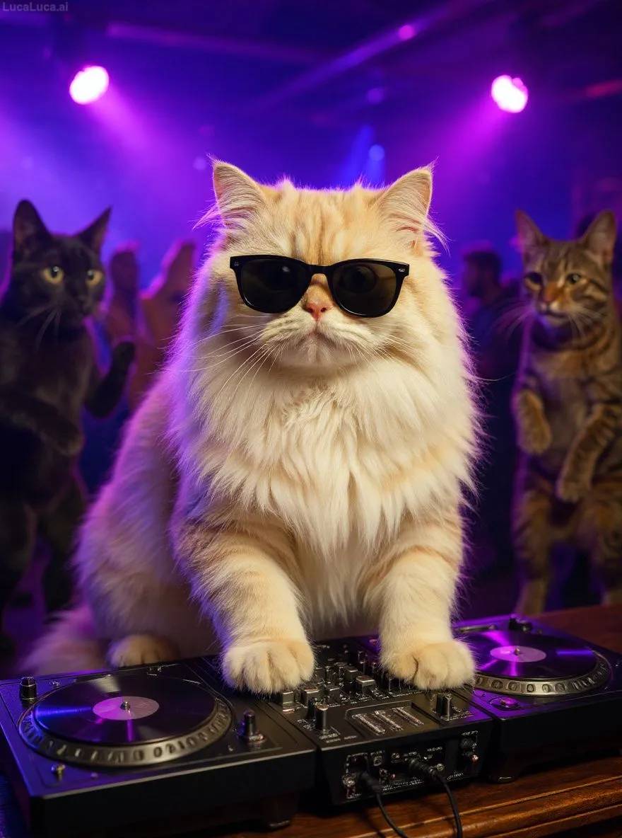 Persian cat wearing sunglasses with paws on turntables at a nightclub