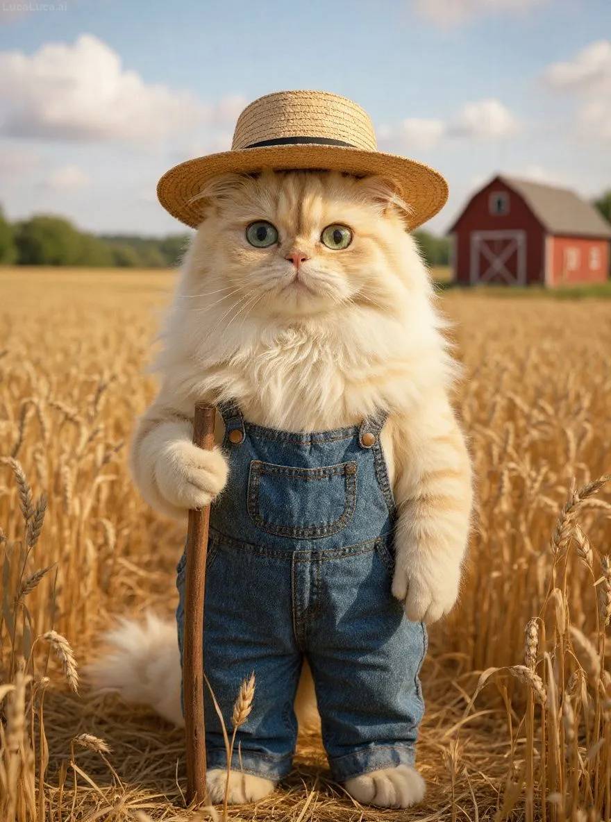 Persian cat wearing overalls and straw hat holding a pitchfork in a wheat field