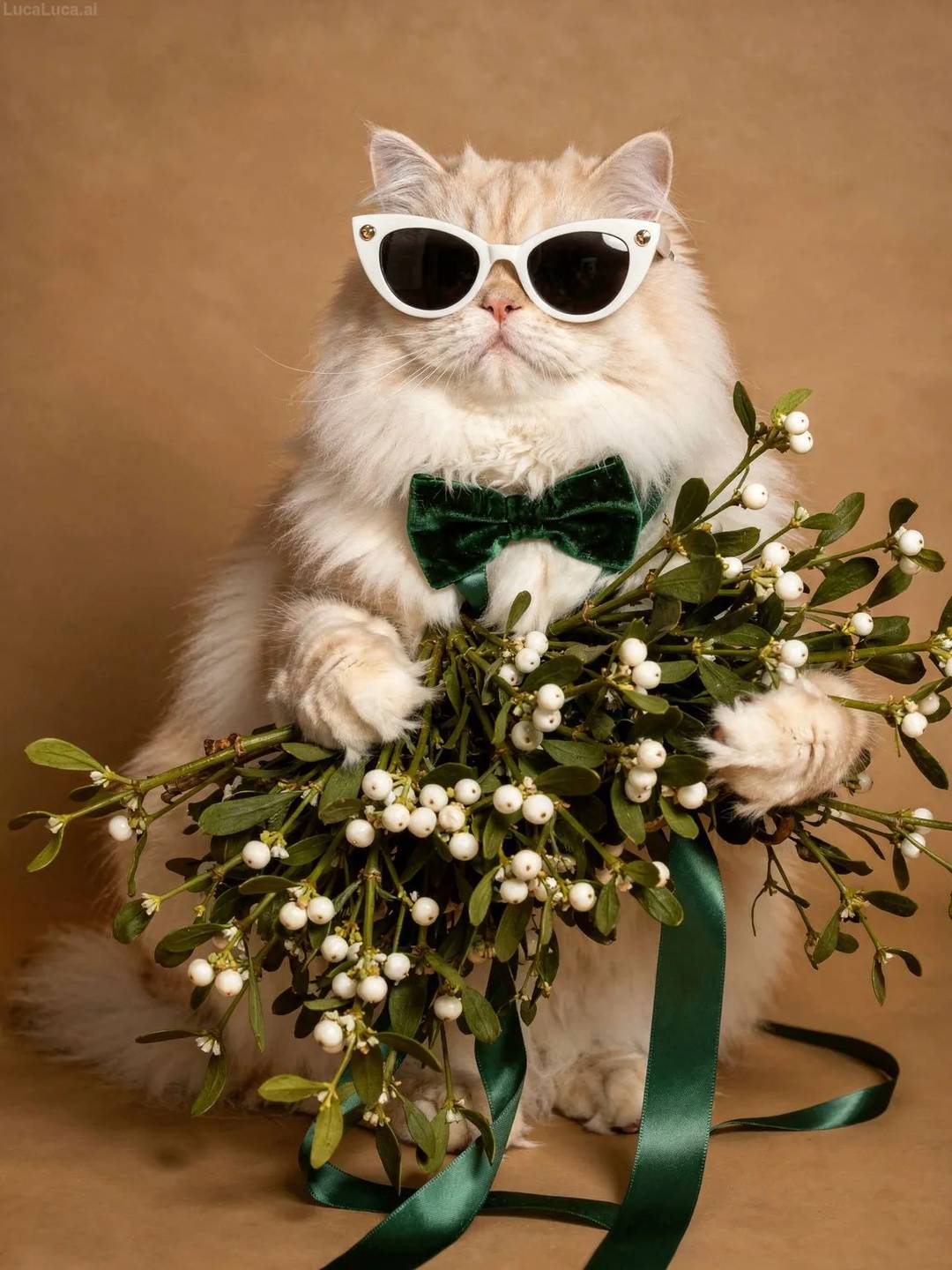 Persian cat wearing white cat-eye sunglasses holding a bundle of mistletoe