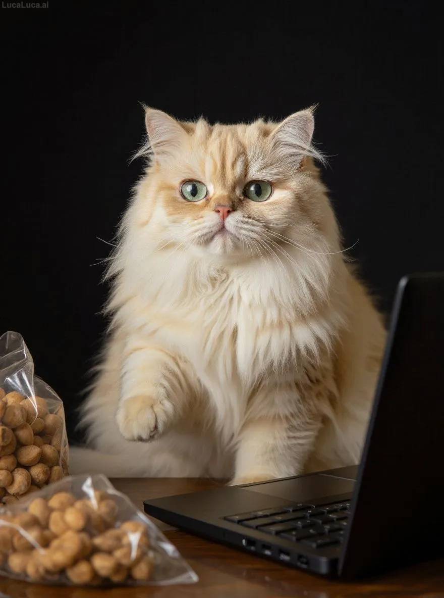 Persian cat in front of a laptop at night surrounded by snack bags