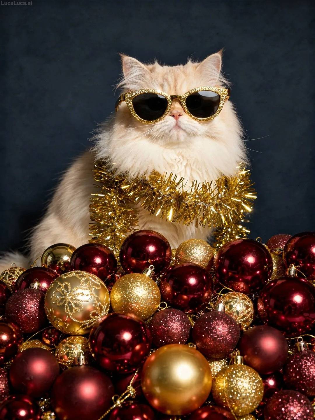 Persian cat wearing gold sunglasses and tinsel scarf holding Christmas ornaments