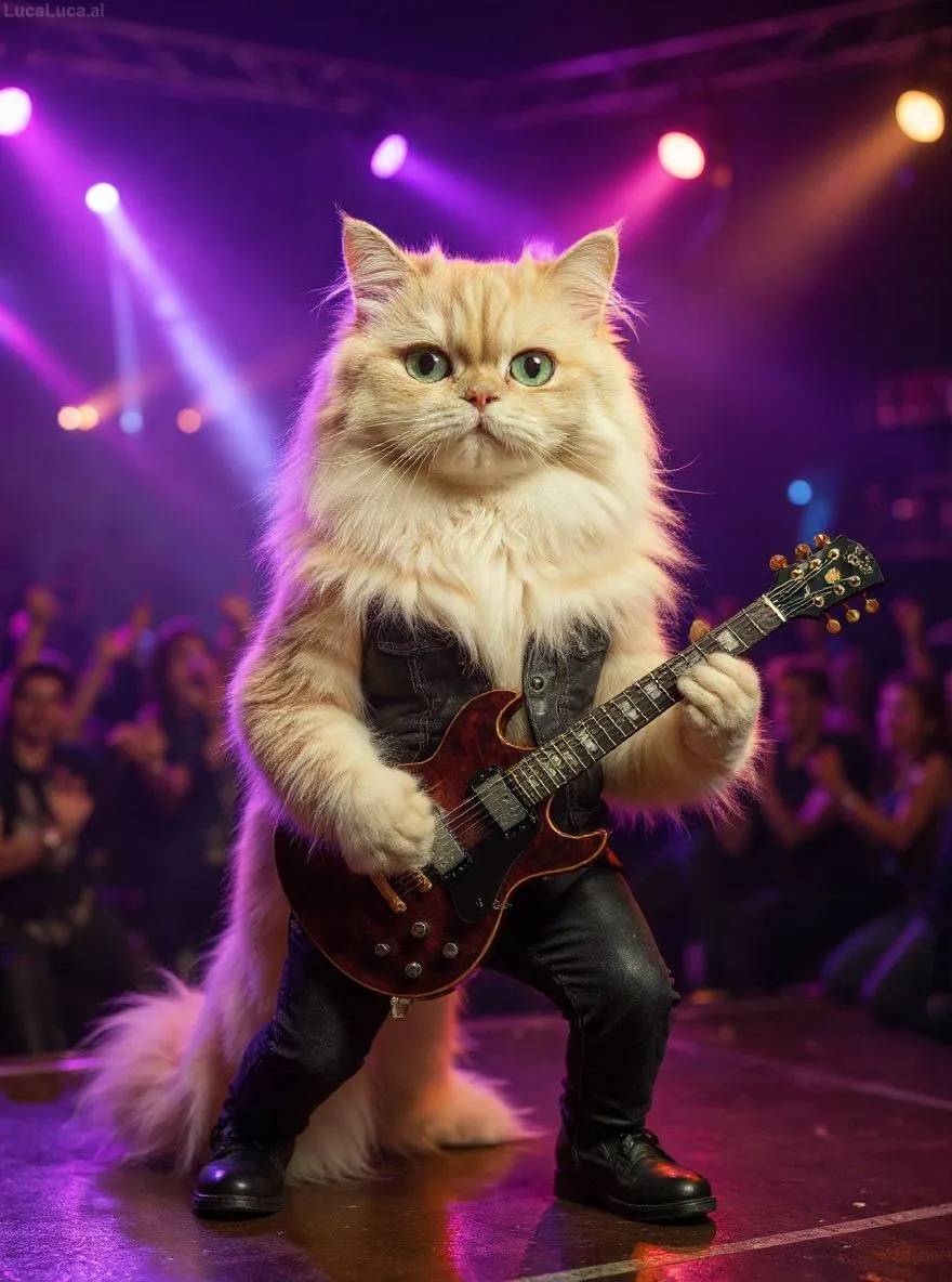 Persian cat on stage with an electric guitar under bright lights