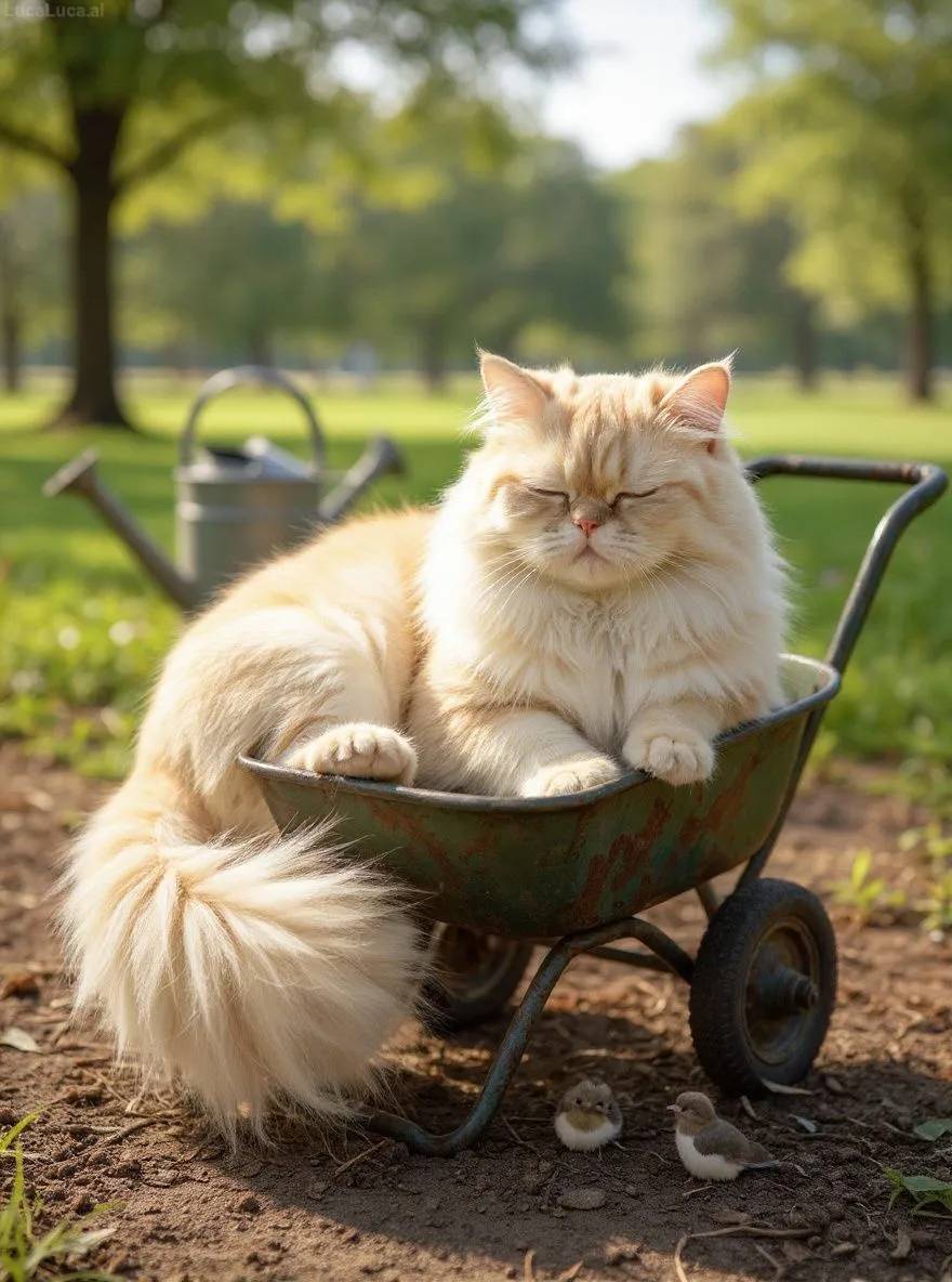 Persian cat dozing in a wheelbarrow with a watering can nearby