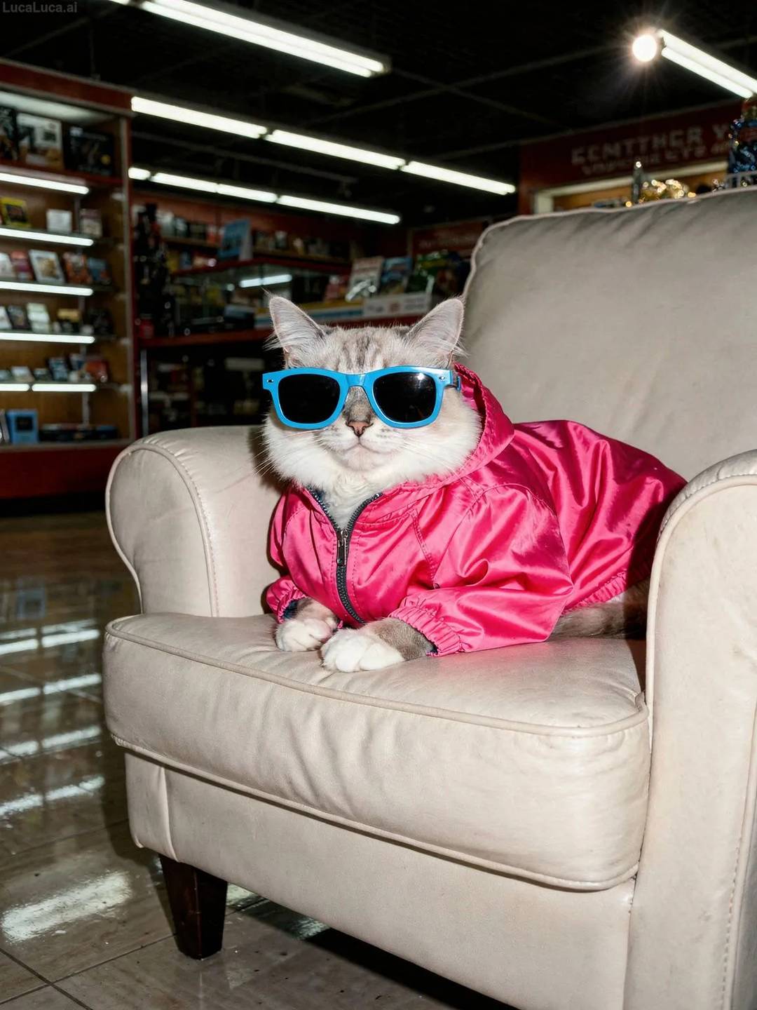 Ragdoll cat wearing a neon pink windbreaker and blue sunglasses at night